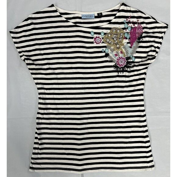 Cynthia Rowley T-Shirt Cap Sleeve Beaded  Embellishment Black & White Top Size S - Picture 1 of 5